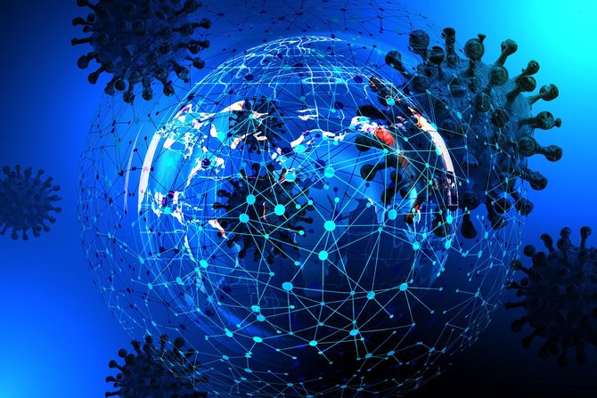 Das Bild zeigt eine Weltkugel, die von mehreren Viren bedroht wird.
